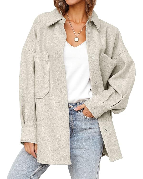 MEROKEETY Women's 2023 Fall Oversized Long Sleeve Shacket Jacket Button Down Wool Blend Coats wit... | Amazon (US)