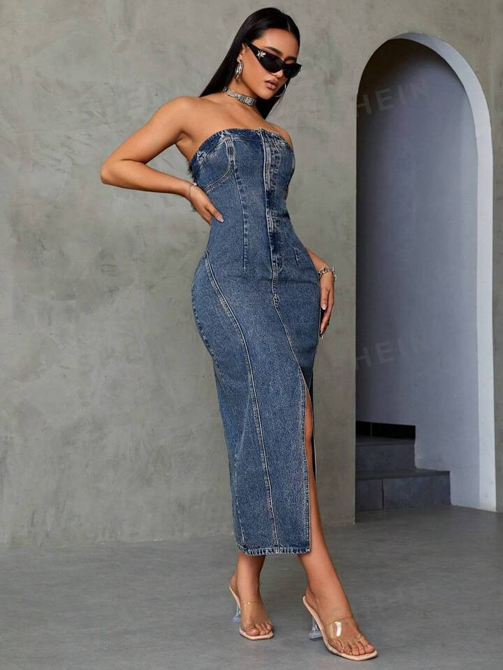 SHEIN ICON Front Split Strapless Denim Dress | SHEIN