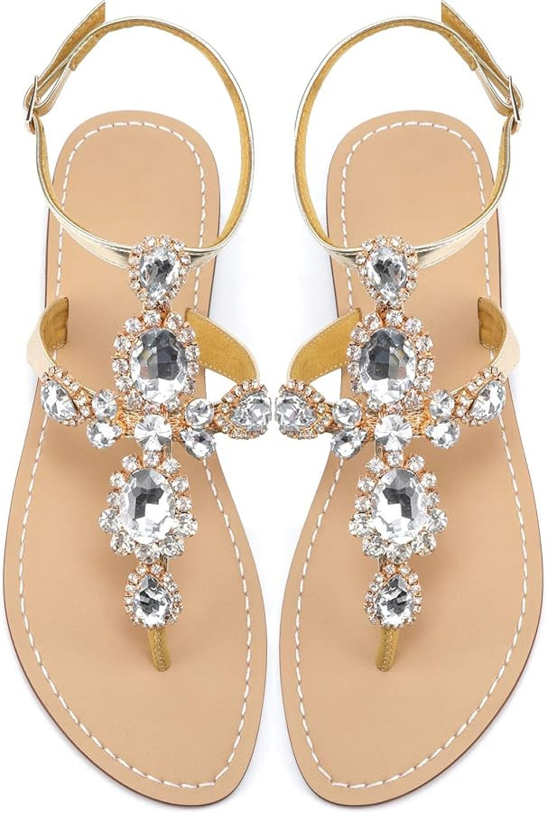 ZhuLinFeng Women'S Rhinestone Gladiator Sandals Flat Wedding Sandals Gem Pearl Sparkling Bridal B... | Amazon (US)