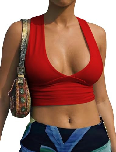 AEPEBO Sexy Crop Tops for Women Deep V Neck Back Cutout Racerback Tank Tops | Amazon (US)