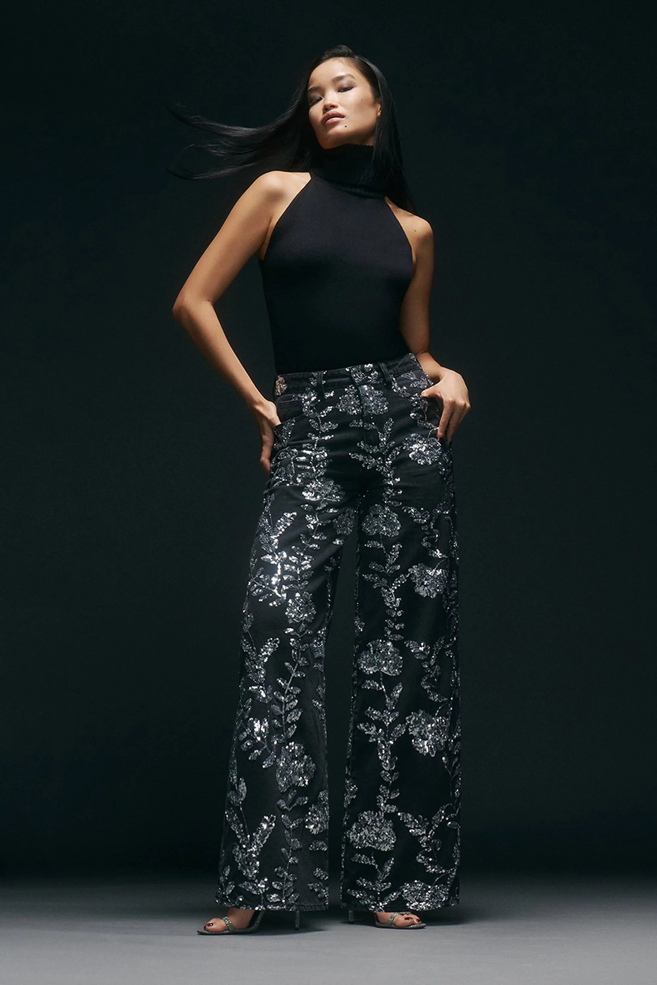 Denim All Over Floral Sequin Wide Leg Trousers | Karen Millen UK + IE + DE + NL