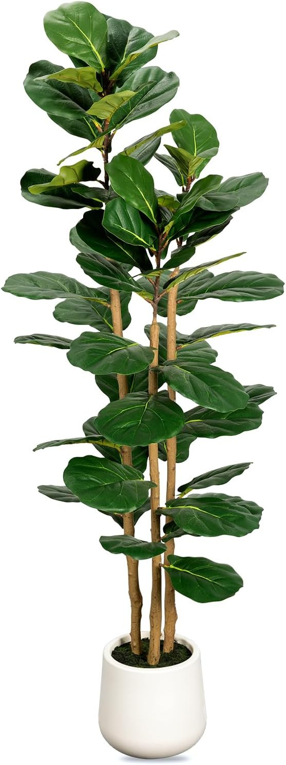 Artificial Fiddle Leaf Fig Tree in Modern White Planter, 5ft Large Fake Tree with 3 Sturdy Trunks... | Amazon (US)