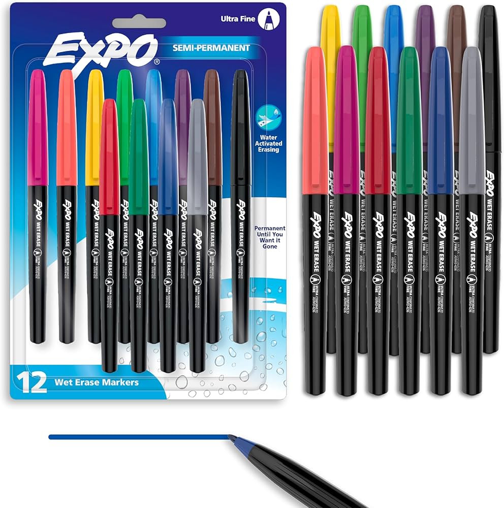 EXPO Wet Erase Markers, Semi-Permanent Markers, Assorted, Ultra Fine Tip, 12 Count | Amazon (US)