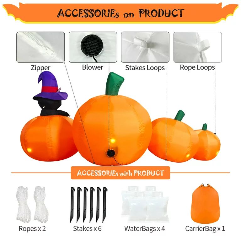 DiiKoo 8ft Halloween Inflatables Six Pumpkins with Black Cat in Wizard Hat Built-in LED lights, B... | Walmart (US)