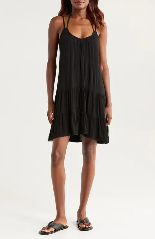 Nordstrom Tiered Crinkle Cover-Up Dress in Black at Nordstrom, Size X-Large | Nordstrom