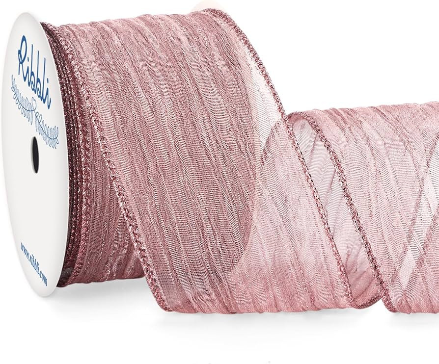 Ribbli Rose Pink Crinkled Wired Ribbon 2.5 Inch with Metallic Dusty Rose Wavy Christmas Ribbon fo... | Amazon (US)