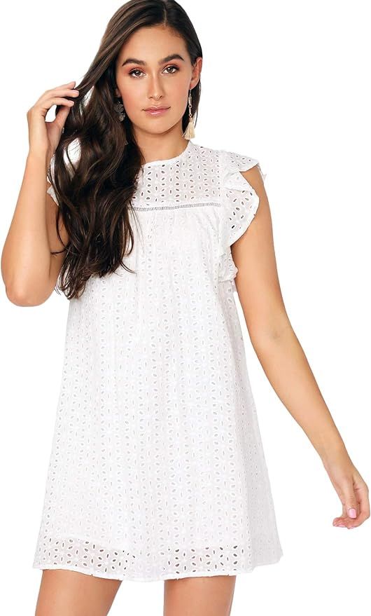 DIDK Women's Boho Ruffle Armhole Sleeveless V Neck Eyelet Embroidery Smock Dress | Amazon (US)