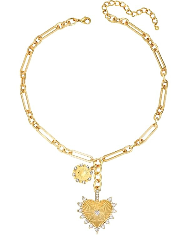 Chunky Gold Sun Heart Pendant Charm Necklace for Women 18K Gold Plated Thick Paperclip Chain Chok... | Amazon (US)