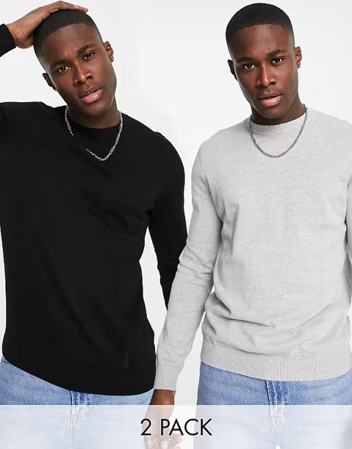 Topman long sleeve knitted crewneck multipack sweater in black and gray | ASOS | ASOS (Global)
