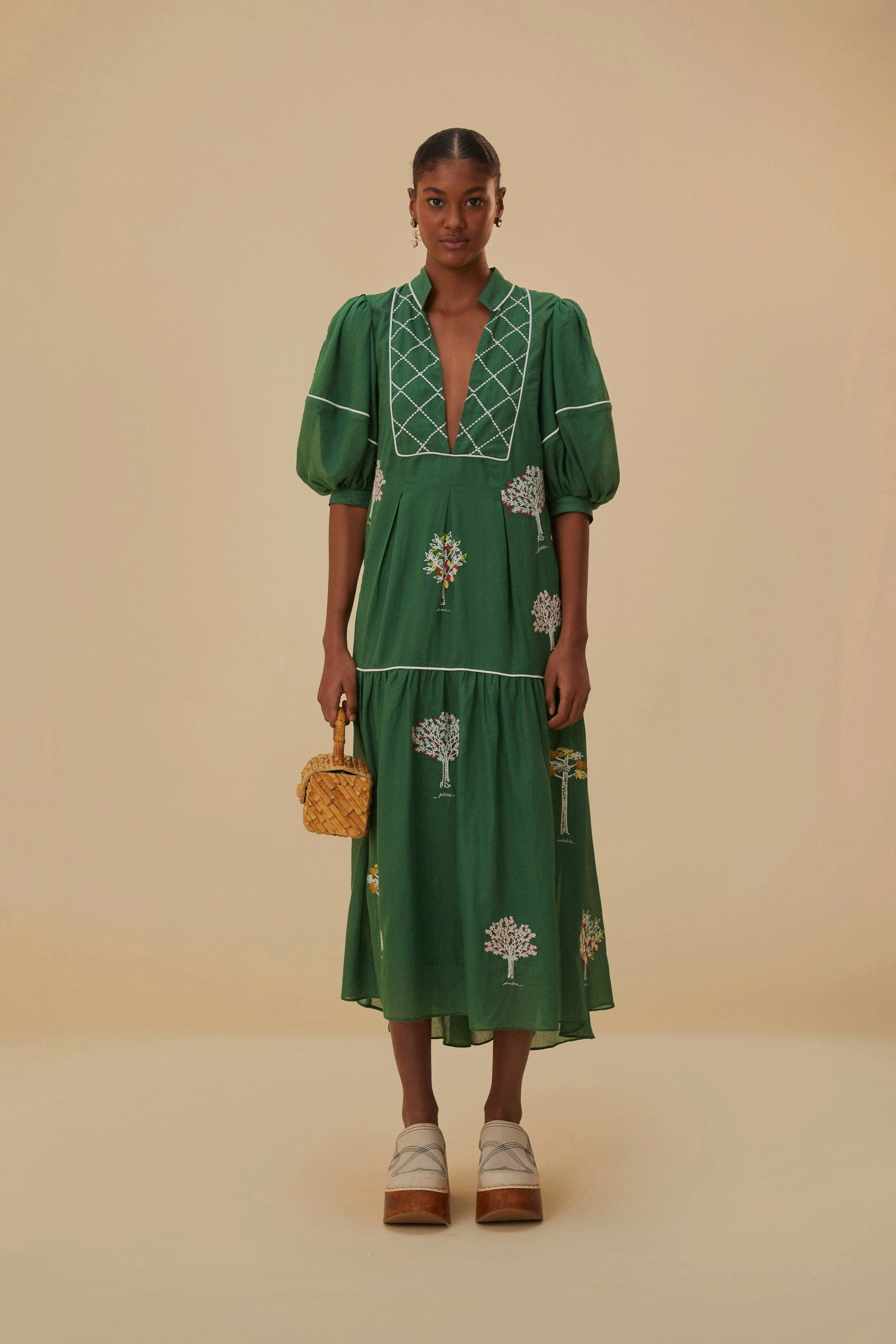 Green Embroidered Trees Organic Cotton Midi Dress | FarmRio (US)