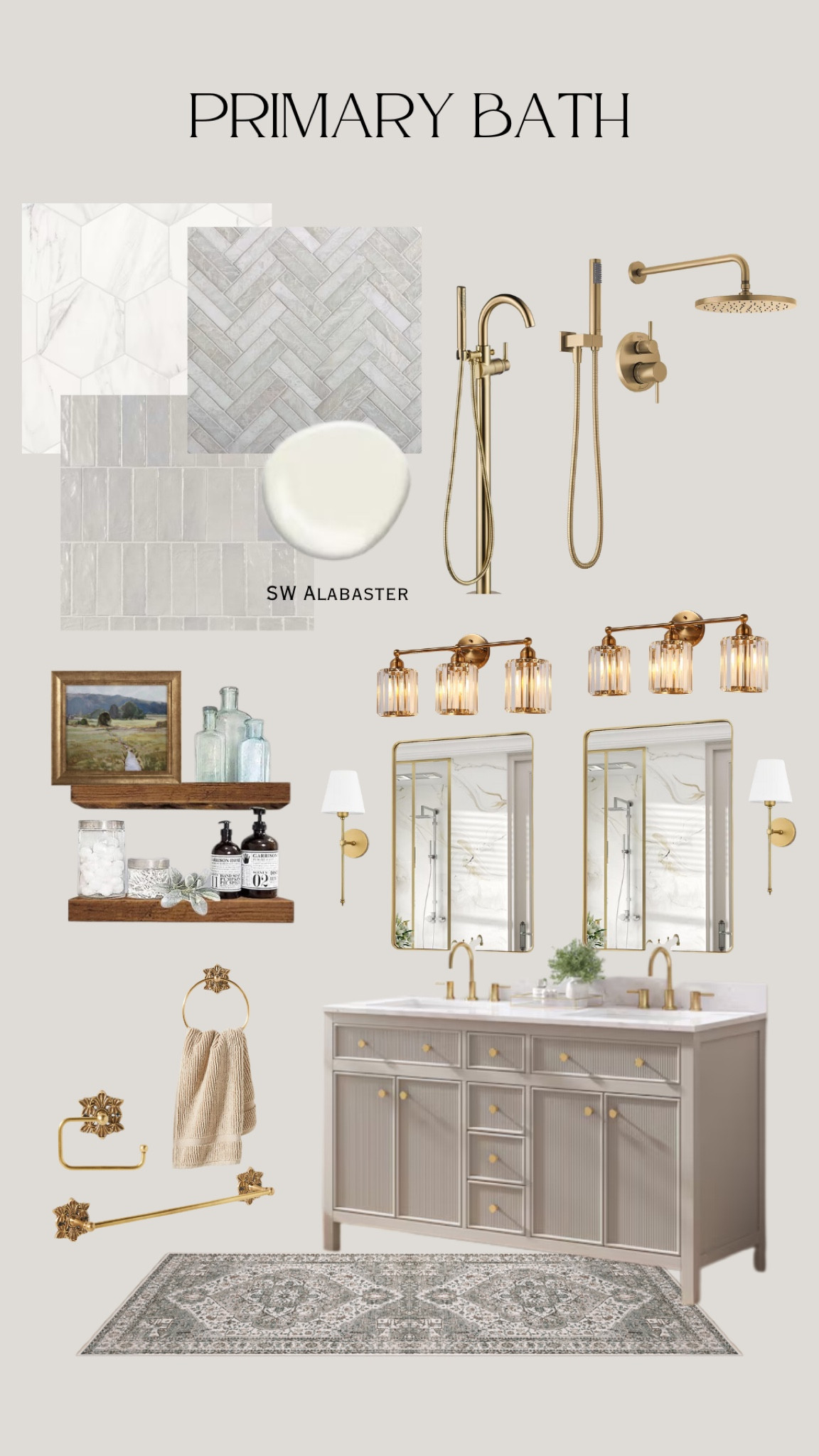 Primary Bathroom Makeover | White Bathroom | Bathroom Update | Bathroom moodboard | lux bathroom | vanity | gold bathroom | white marble bathroom | bathroom interior design | vanity lights | gold hardware | anthropologie 

#LTKFindsUnder100 #LTKSaleAlert #LTKHome