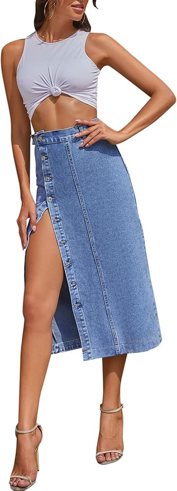 Women's Casual High Waisted Solid Button Up Denim Jean Skirt | Amazon (US)