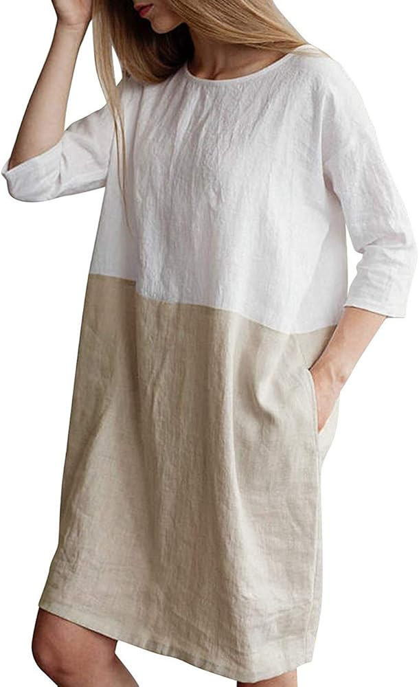 Famulily Women's Oversized 3 4 Sleeve Two Tone Colors Loose T Shirt Dress with Pockets | Amazon (US)