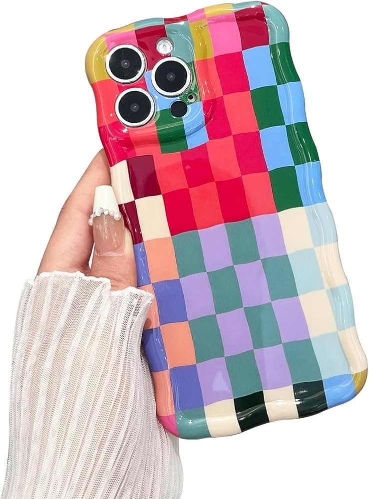 Compatible with iPhone 16 Pro Max Case, Cute Wave Curly Colorful Checkerboard Plaid Phone Case fo... | Amazon (US)
