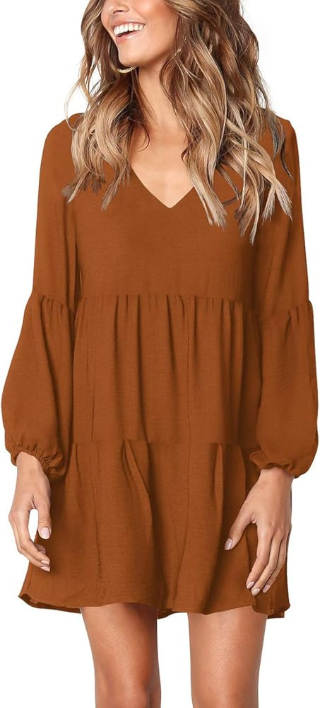 FOWSMON Women's Tunic Dress Cute Printed V Neck Long Sleeve Casual Swing Ruffle Dress | Amazon (US)