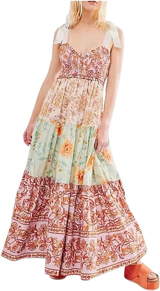 Summer Dresses for Women Flowy Smocked Maxi Dress Sleeveless Tie Shoulder Boho Dresses Y2K Floral... | Amazon (US)