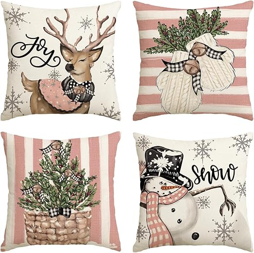 AVOIN colorlife Pink Christmas Snowman Reindeer Gloves Eucalyptus Throw Pillow Covers, 18 x 18 In... | Amazon (US)