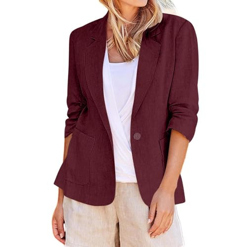 Lightweight Linen Blazers for Women Summer 3/4 Sleeve Cotton Linen Blazer Open Front Lady Jacket Business Casual Wine 3X Casual Blazers for Women | Amazon (US)