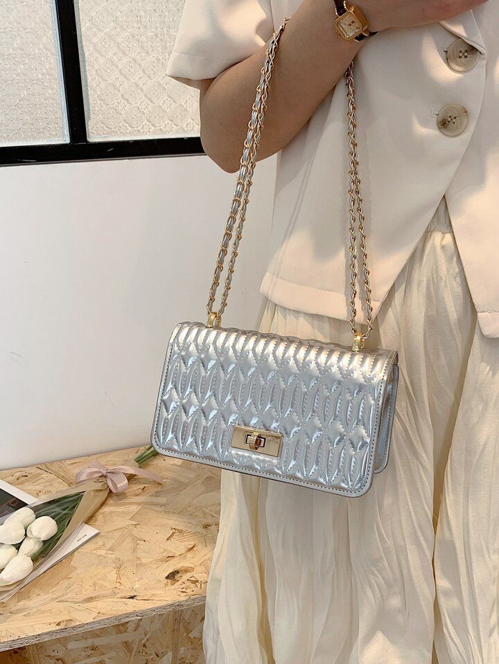 Mini Metallic Quilted Twist Lock Flap Chain Square Bag | SHEIN