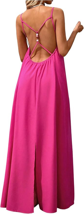 Verdusa Women's Long Maxi Going Out Dresses Vacation Outfits Boho Beaded Split Backless Sun Dress... | Amazon (US)