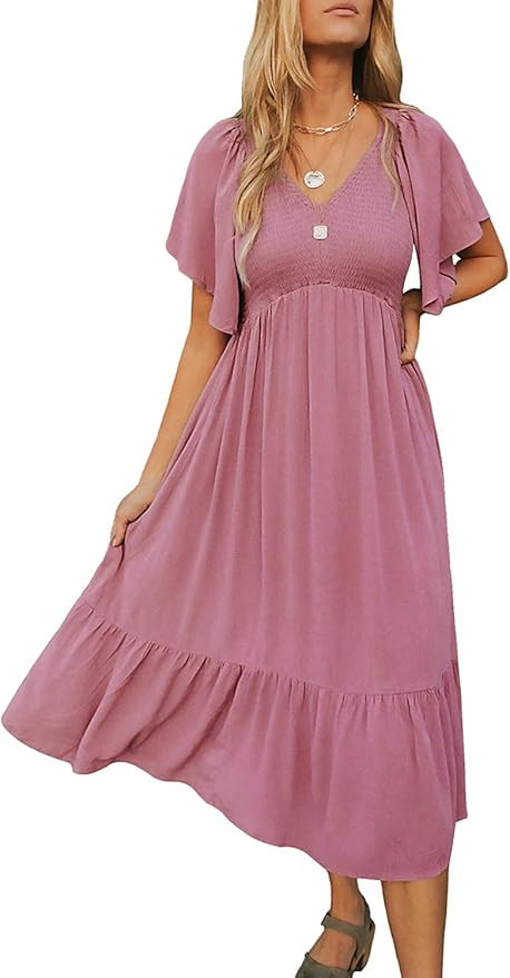 Zattcas Womens Short Flutter Sleeve V Neck Smocked Ruffle Midi Tiered Dress | Amazon (US)