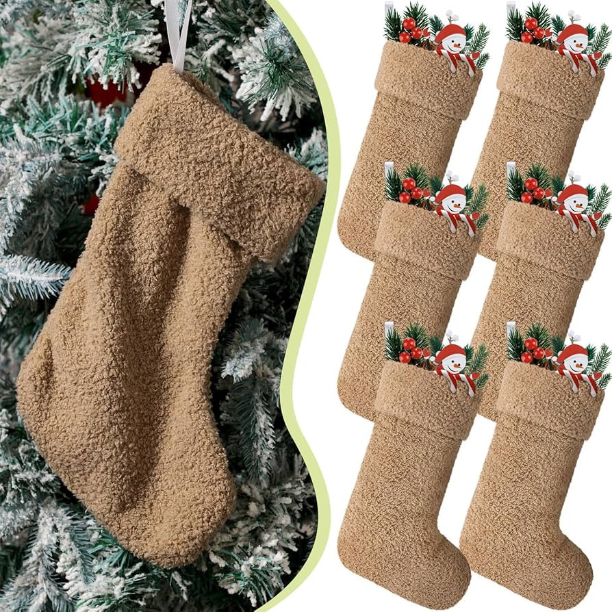 Realspring 6 Pcs Sherpa Fabric Christmas Stockings 14 Inch Large Faux Fur Xmas Stockings Plush Ha... | Amazon (US)