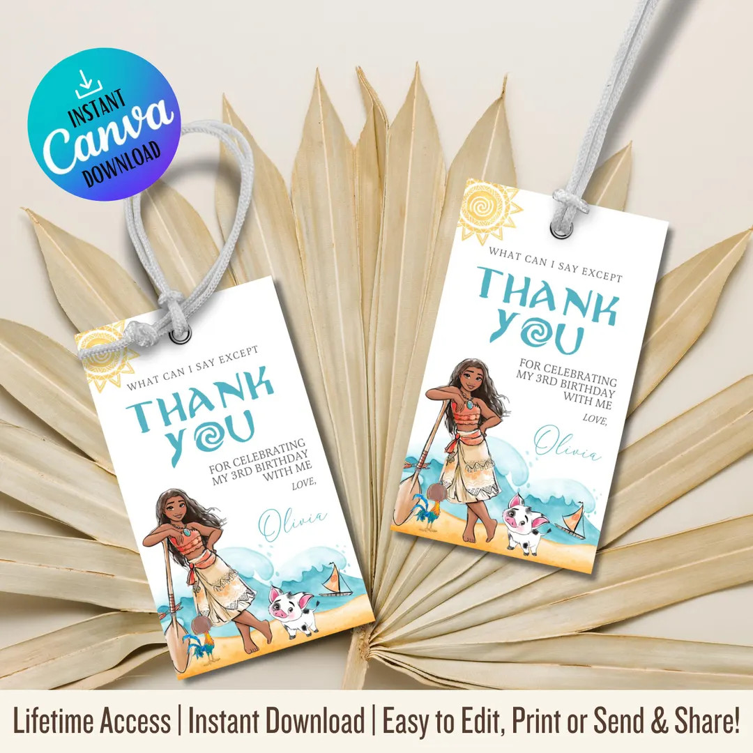 Moana Thank You Tags: Editable Birthday Party Favors (digital Download) - Etsy | Etsy (US)