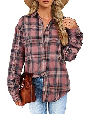Womens Long Sleeve Plaid Shirts Flannel Collared Button Down Shackets Casual Rolled Up Boyfriend ... | Amazon (US)