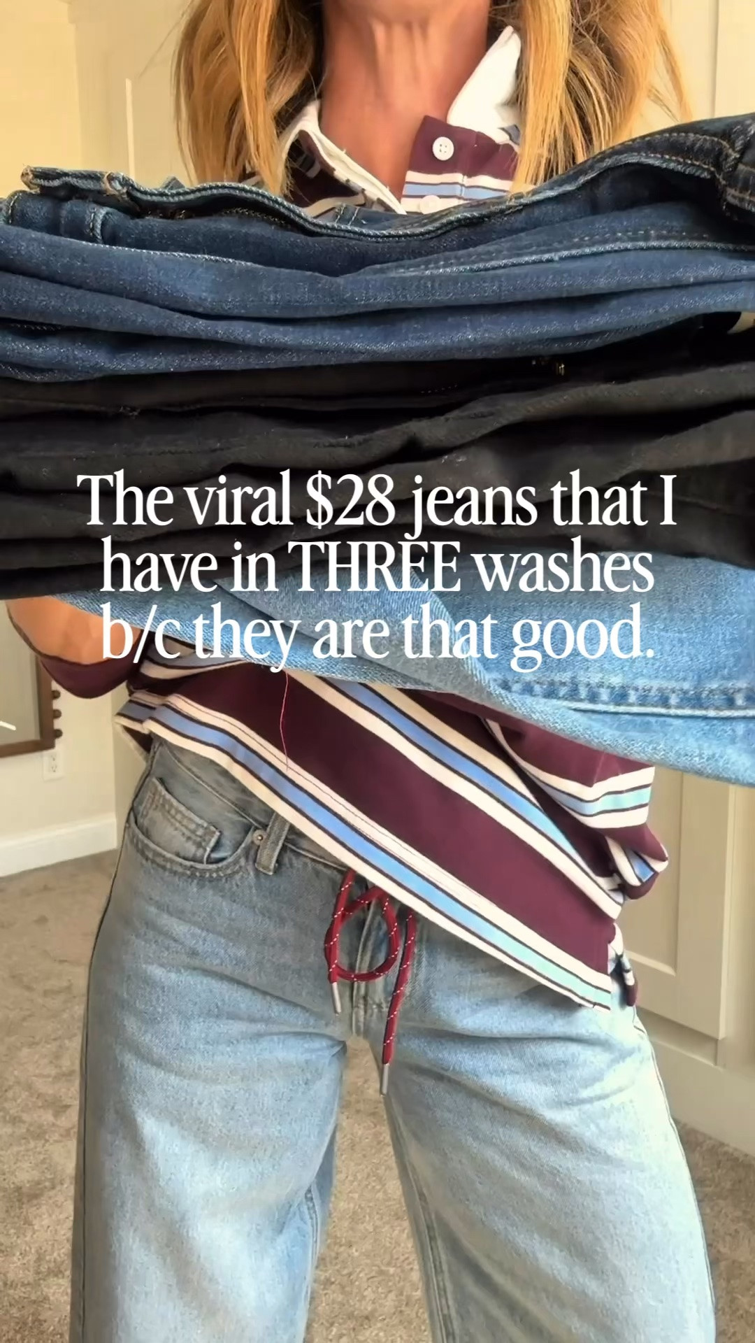 The viral $28 stretch wide-leg jeans.
Sizing suggestions: size UP ⬆️ Two sizes in the blue jean washes, but only ONE SIZE IN THE BLACK WASH. They are incredibly flattering and comfortable. How ON EARTH are these $28?!! **