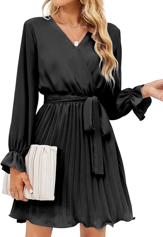 BBX Lephsnt Womens Wrap V Neck Dresses for Wedding Guest Casual Pleated Long Sleeve Mini Dress | Amazon (US)