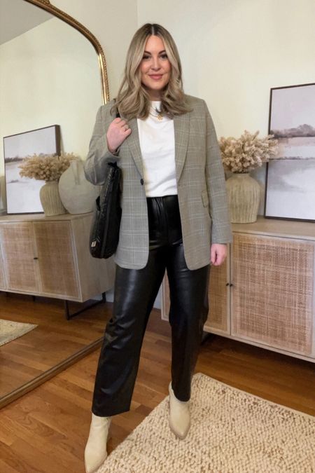 Abercrombie vegan leather pants 25% off plus an extra 15% off with code DENIMAF // I size up 1 size for comfort. Wearing a 30L (I’m 5’6” and prefer the “long” in the Ankle length). Blazer is last season, M in tee faux leather pants, Abercrombie outfit, casual outfit, workwear outfit, business casual workwear, faux leather pants outfit, Abercrombie leather pants, blazer outfit, neutral outfit

#LTKunder100 #LTKSeasonal #LTKsalealert