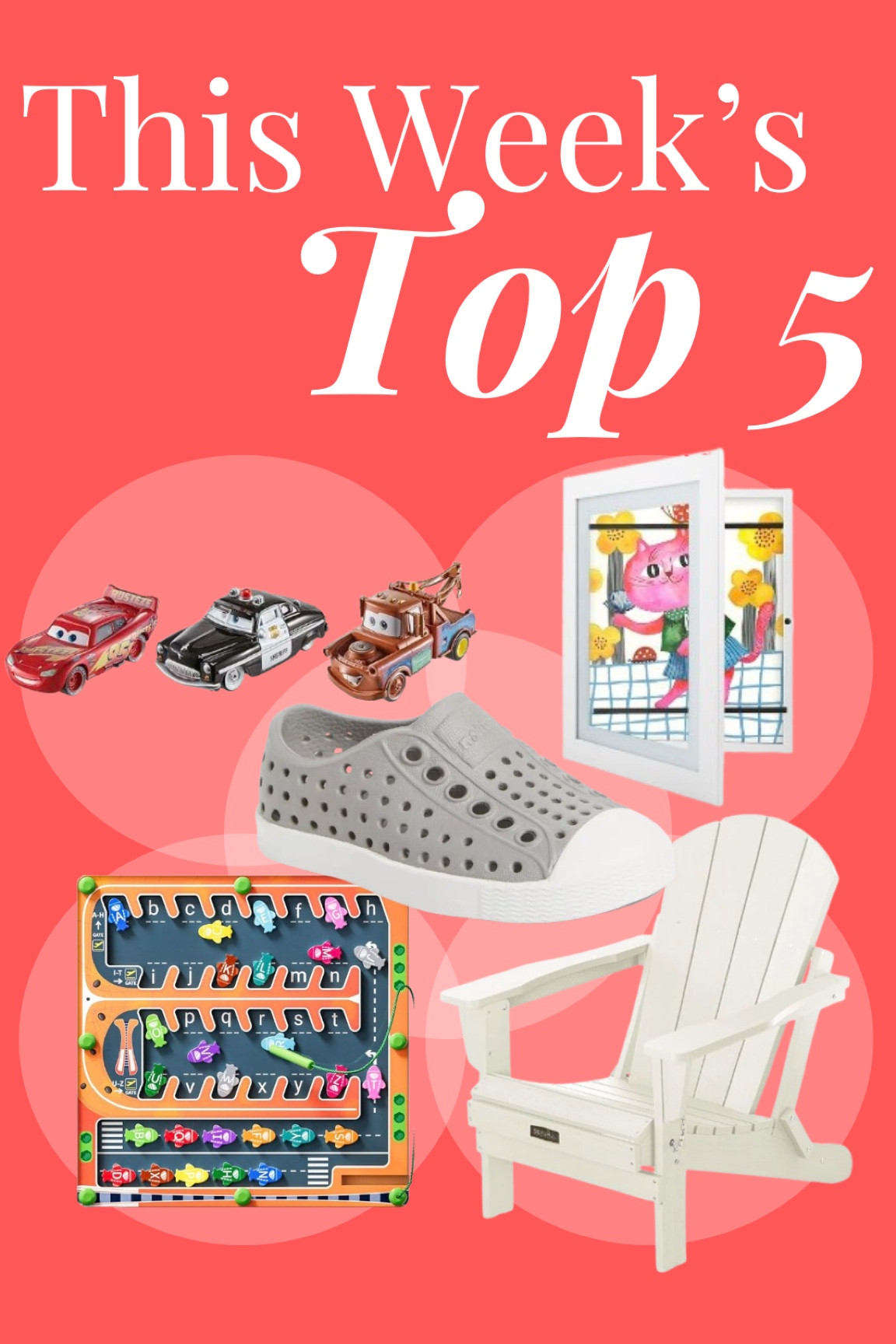 This Week’s Top 5 products — Lightning McQueen and Cars hot wheels cars, specialty frames to feature your kids’ artwork, magnetic car quiet toy, Natives Jefferson waterproof shoes, and all-weather outdoor folding Adirondack chairs! 

#LTKsalealert #LTKfindsunder100 #LTKfamily