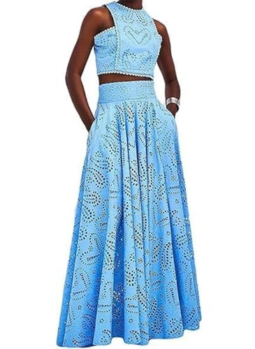 Aonoapll Women 2 Piece Eyelet Skirt Set Sleeveless Hollow Out Lace Tank Top Maxi Skirt Outfits Ni... | Amazon (US)