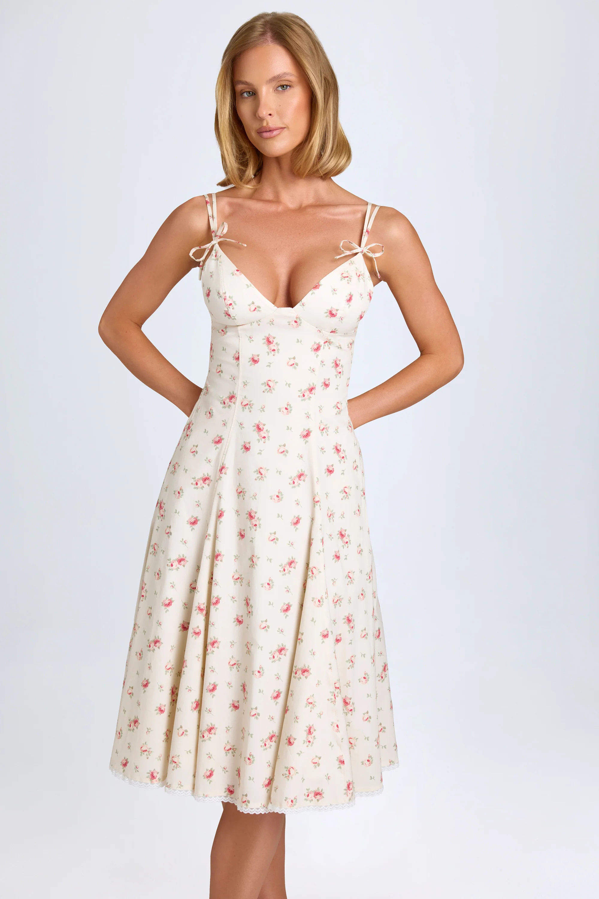 Bow-Detail Lace-Trim A-Line Midi Dress in Small Rose Print | Oh Polly