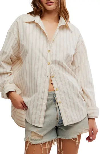 Free People Varsity Vibes Stripe Oversize Cotton Button-Up Shirt in Ivory Combo at Nordstrom Rack, Size X-Small | Nordstrom Rack