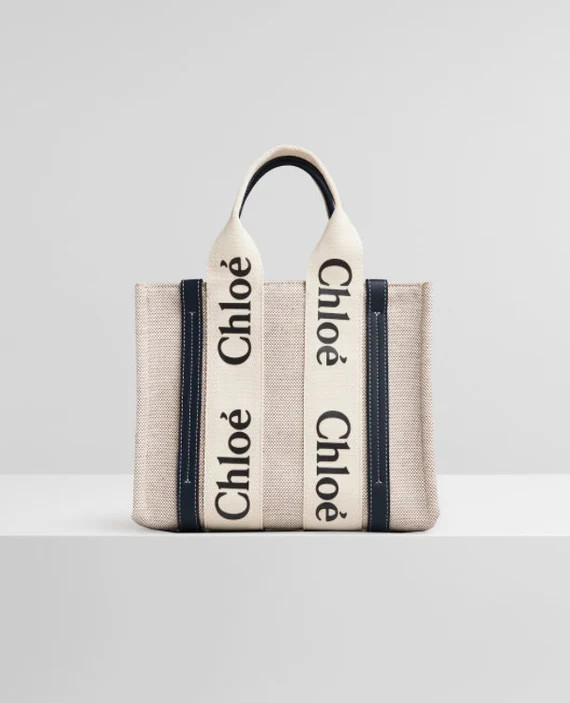 Chole Small Woody tote bag in cotton canvas & shiny calfskin with Woody ribbon Handbag shoulder b... | Etsy (US)