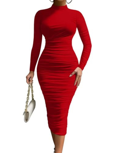 LAGSHIAN Women's Cocktail Bodycon Long Sleeve Mock Neck Mesh Ruched Midi Party Dress Red | Amazon (US)