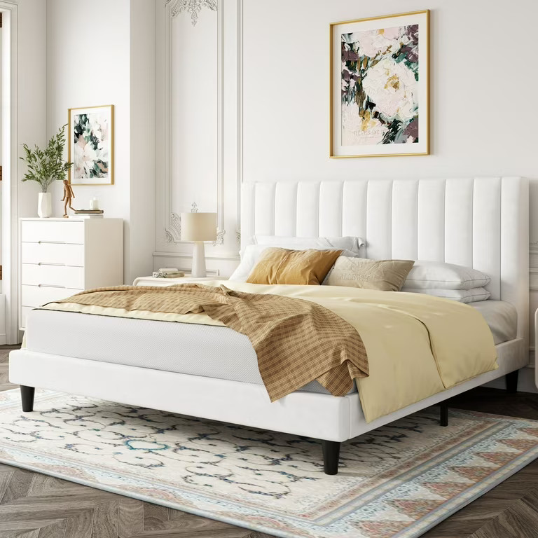 Allewie King Size Velvet Upholstered Bed Frame with Vertical Channel Tufted Headboard, White | Walmart (US)