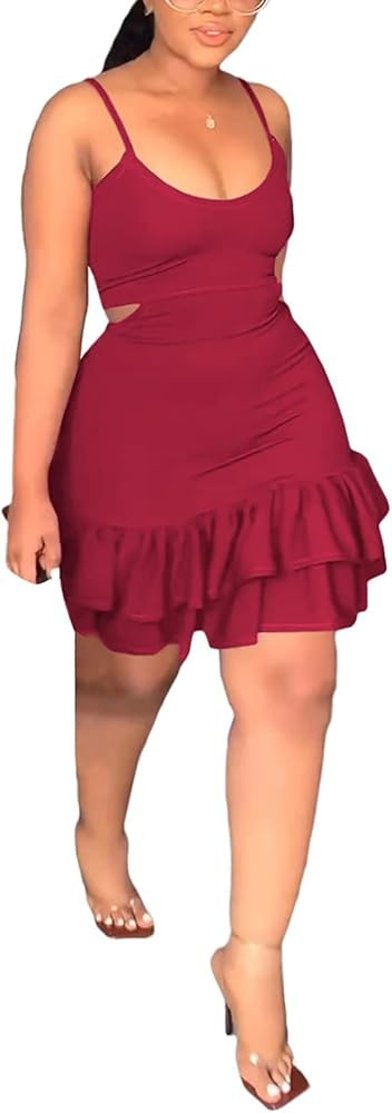 Ecirod Womens Spaghetti Strap Slip Party Mini Dress Sexy U Neck Wrap Hip Ruffle Bodycon Dresses | Amazon (US)