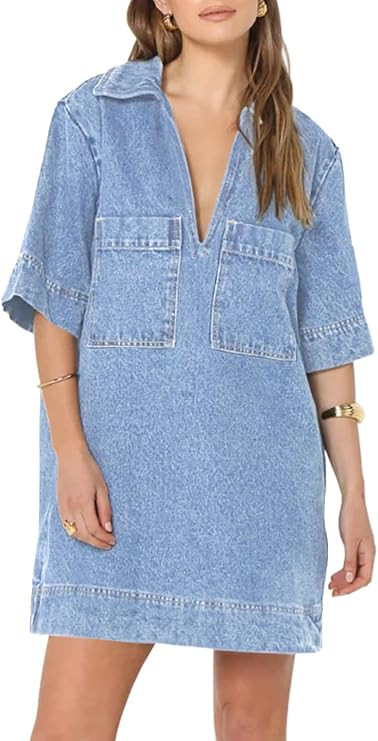 Fisoew Womens Denim Shirt Dress Summer Collared V Neck Mini Casual Jean Dresses with Pockets | Amazon (US)