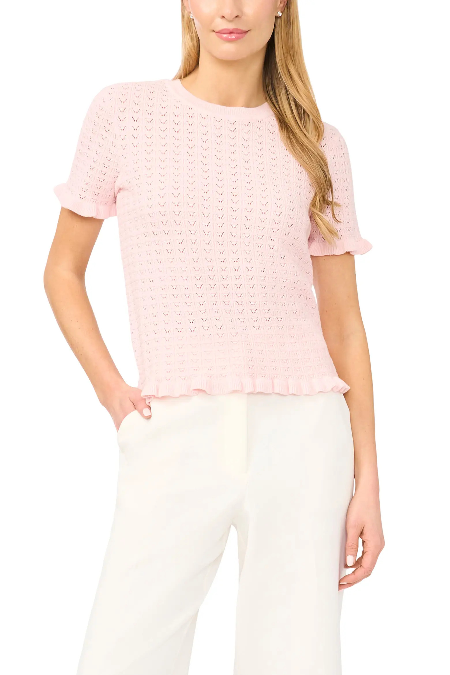Ruffle Trim Pointelle Stitch Short Sleeve Sweater (Women) | Nordstrom | Nordstrom