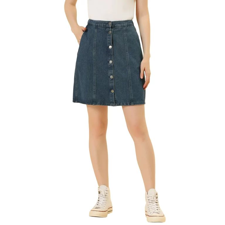 Allegra K Women's Solid Color A-Line High Waist Button Front Casual Denim Skirt | Walmart (US)