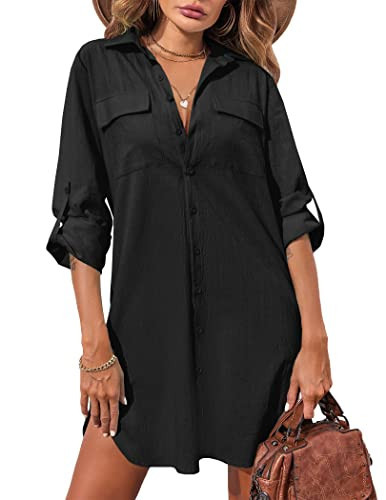 HOTOUCH Women's Button Down Shirt Casual Dress V Neck Tunic Dresses Cotton Linen Shirts with Pockets (Black, S) | Amazon (US)