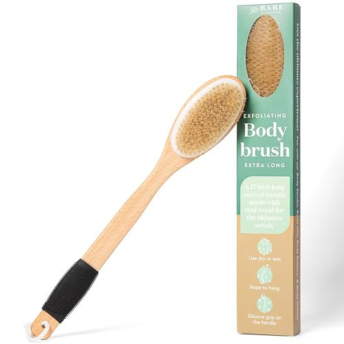 Bare Botanics 17" Dry Brushing Body Brush - Medium Firmness, Natural Color & Silicone Grip - Extra Long Bath Brush - Ergonomic Curved Handle Design w/Hang Rope - Back Scrubber for Shower | Amazon (US)