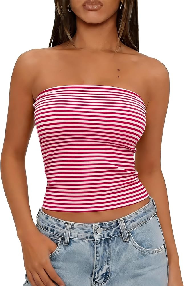 LOMON Summer Tube Tops for Women 2026 Y2k Sexy Going Out Crop Strapless Sleeveless Basic Fitted B... | Amazon (US)