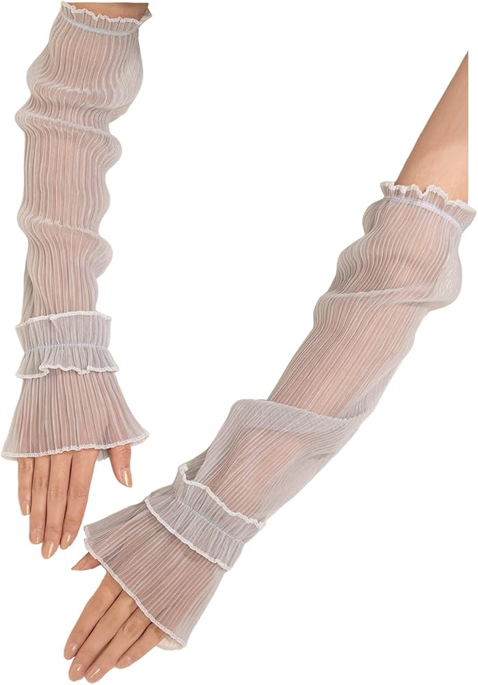 GORGLITTER Women's Mesh Sheer Ruched Arm Sleeves Ruffle Hem Gloves | Amazon (US)