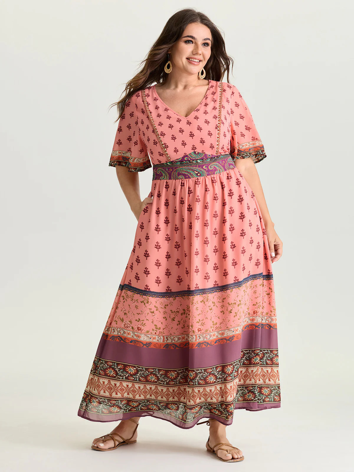 Colorful Floral Paisley Print V-Neck Maxi Dress | Bloomchic