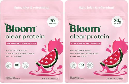 Bloom Clear Protein, Whey Protein Isolate with Collagen Peptides and Digestive Enzymes, 20g Protein, Sugar Free Post Workout Drink Mix, 90 Calories, Strawberry Watermelon, 10 Servings (Pack of 2) | Amazon (US)