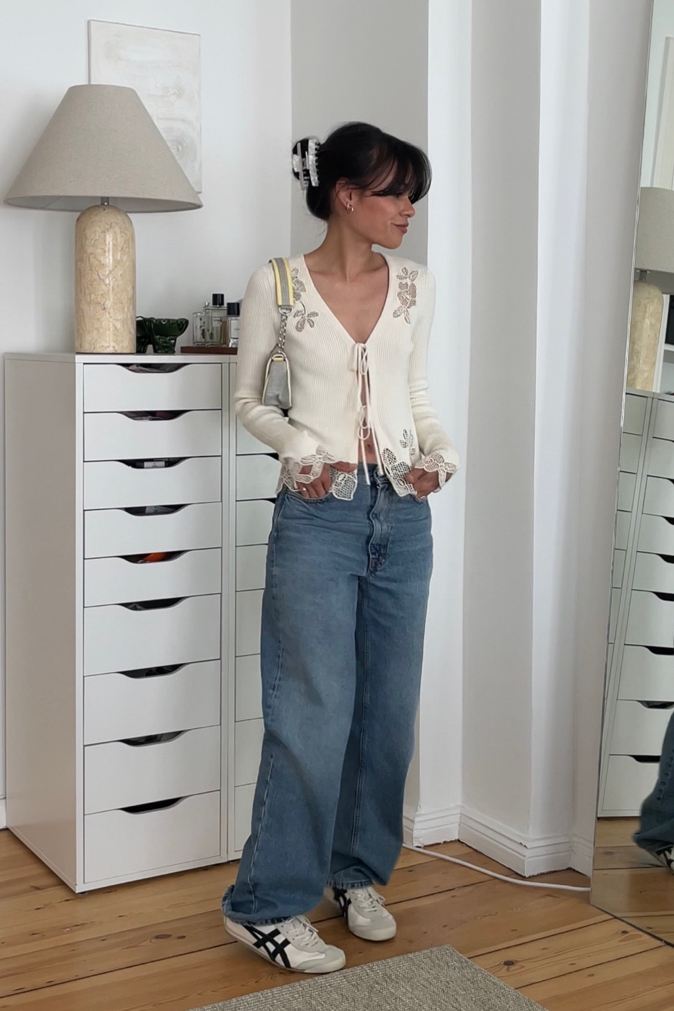 embroided cardigan with wide leg denim