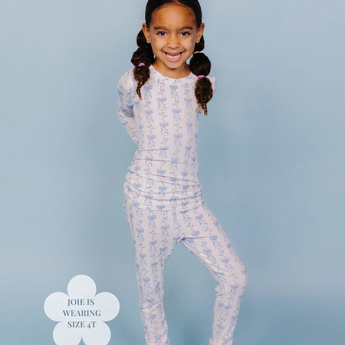 Kids Bamboo Pajama Set Blue Floral Bow | Soft Sleepwear | Staykation